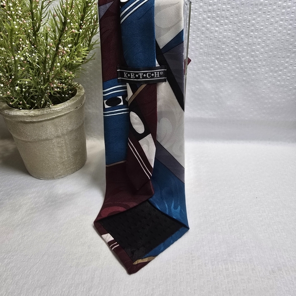 Ketch Mebs Tie Abstract Pattern Blue Black Crimson White - Picture 4 of 6